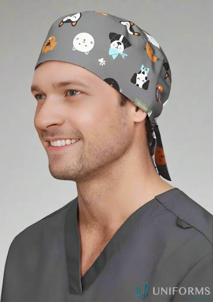 Gray unisex printed scrub cap with fun dog pattern to add personality to your look