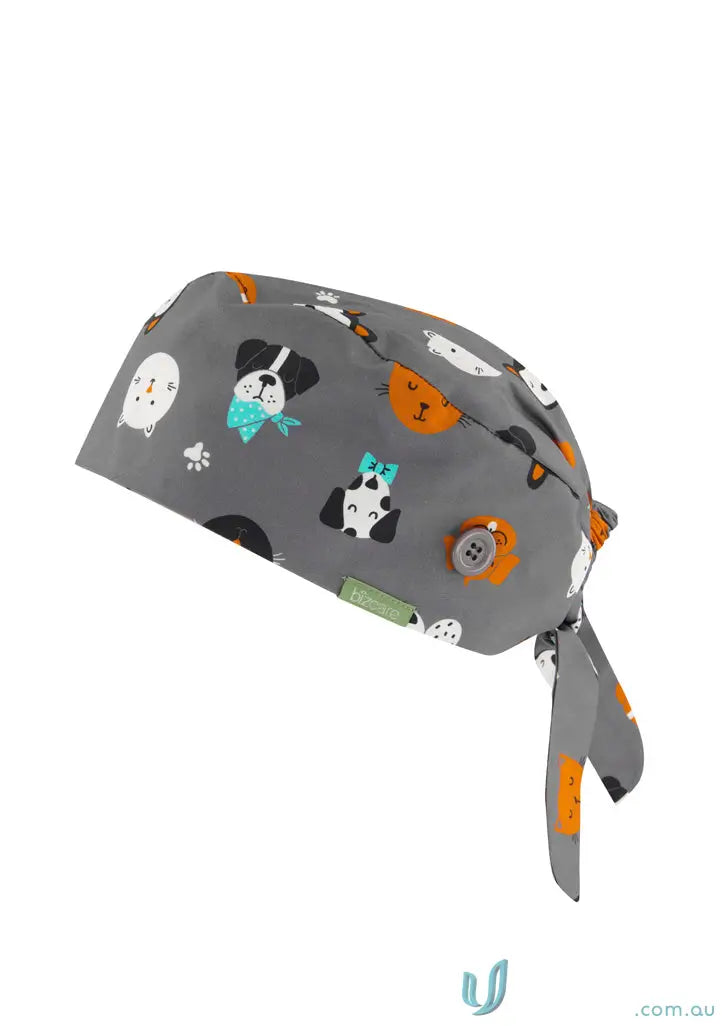 Gray unisex printed scrub cap with fun dog pattern to add personality to your look