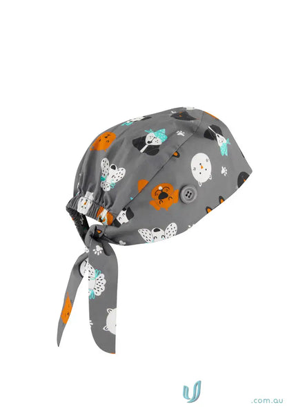 Gray unisex printed scrub cap with dog pattern to add personality to your look