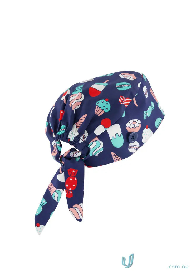 Navy blue unisex printed scrub cap with colorful candy pattern for added personality