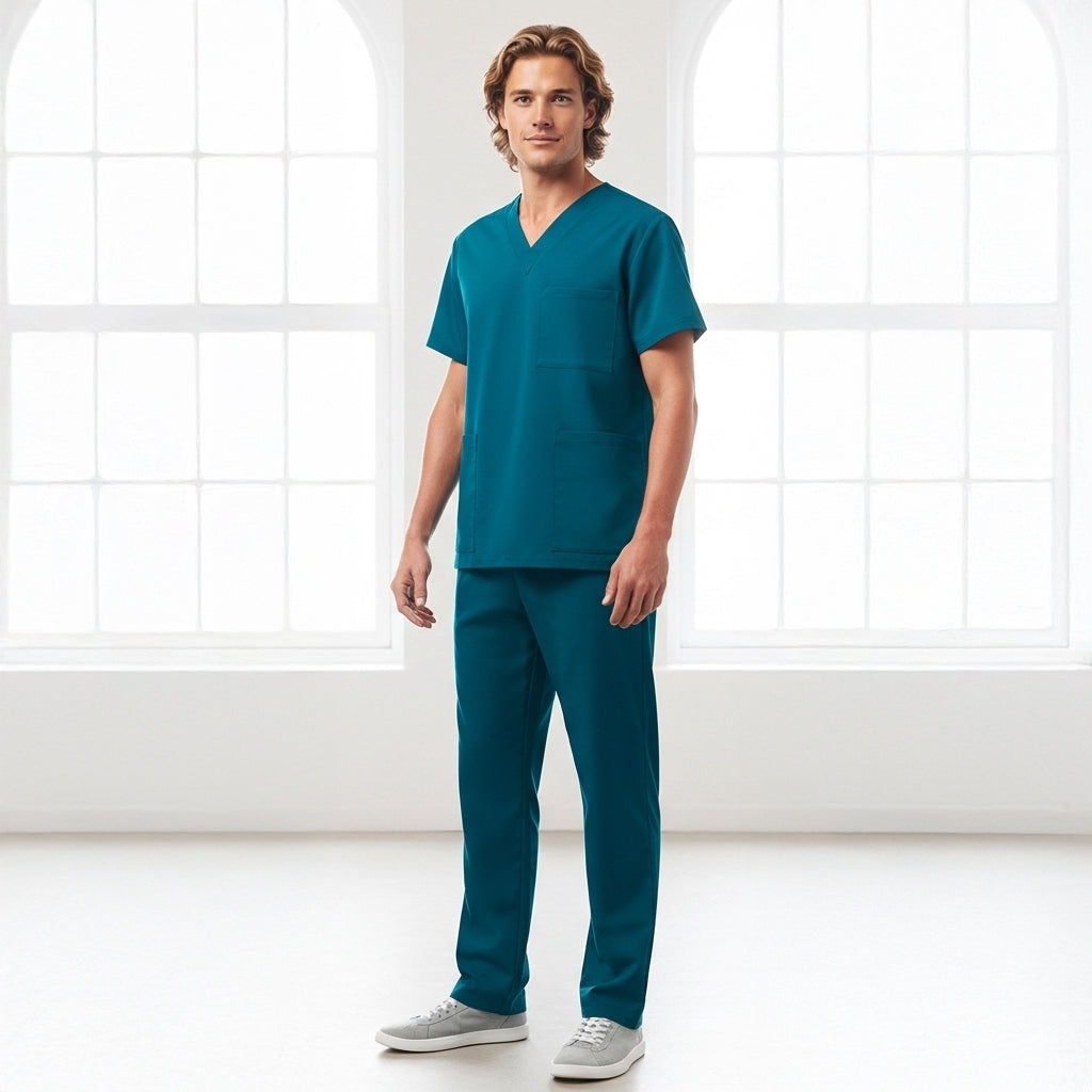 Teal unisex Pulse straight leg scrub pant with v-neck top