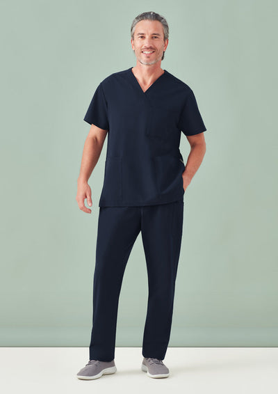 Navy blue v-neck scrub top with unisex Pulse straight leg scrub pant