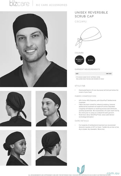 Unisex reversible scrub cap in midnight navy or black with antibacterial protection for comfort