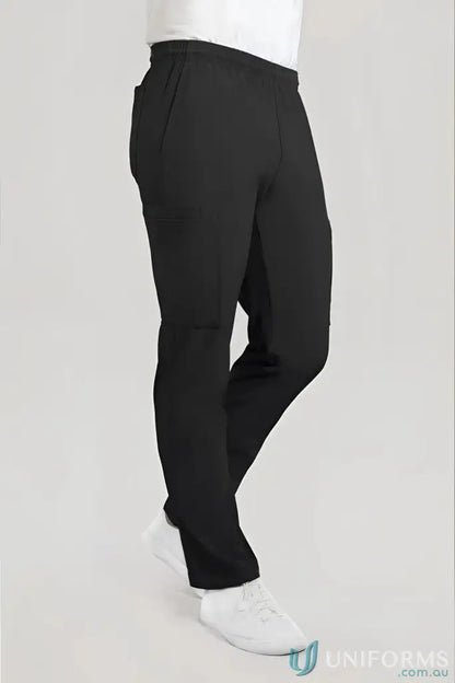Black athletic style unisex scrub pants with white t-shirt and athletic shoes