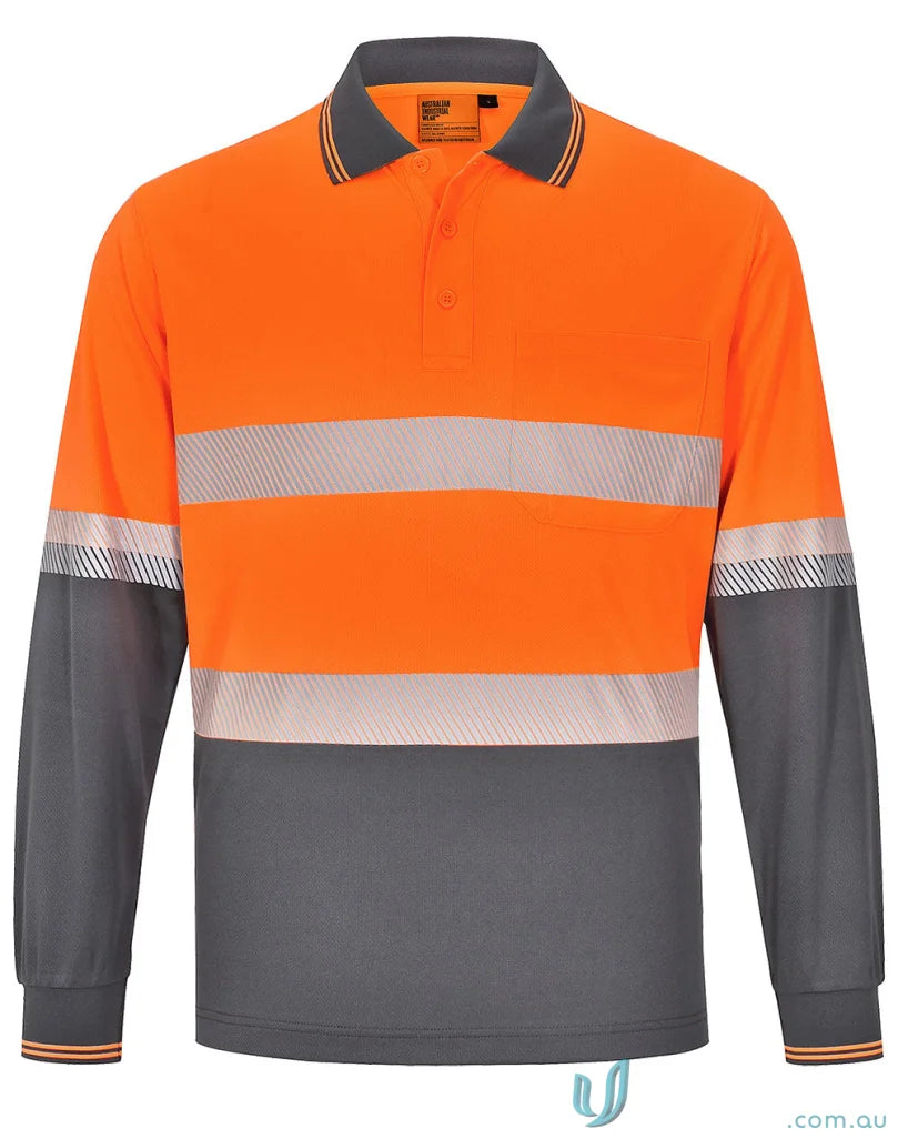 Orange and gray long-sleeved safety polo shirt from the Unisex Segmented LS Polo collection showcasing spirit sw86