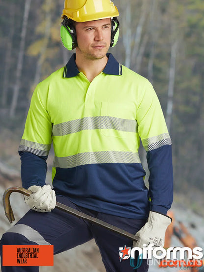 Man in safety gear with crowbar wearing Unisex Segmented LS Polo showing winning spirit spirit sw86