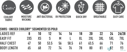 Clothing size chart for Unisex Segmented LS Polo showcasing winning spirit and SW86 fit