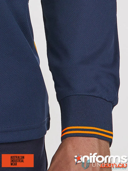 Navy long-sleeved segmented LS Polo shirt with striped cuffs showcasing winning spirit spirit sw86