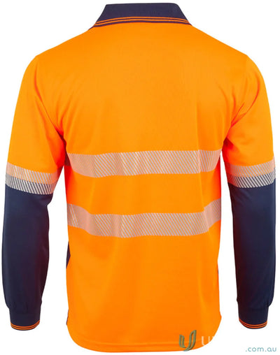 Orange and navy segmented LS Polo shirt showcasing spirit SW86 with a winning spirit vibe