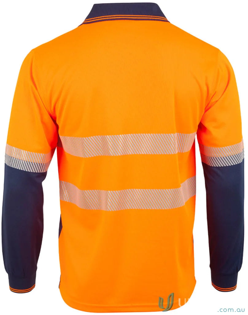 Orange and navy segmented LS Polo shirt showcasing spirit SW86 with a winning spirit vibe