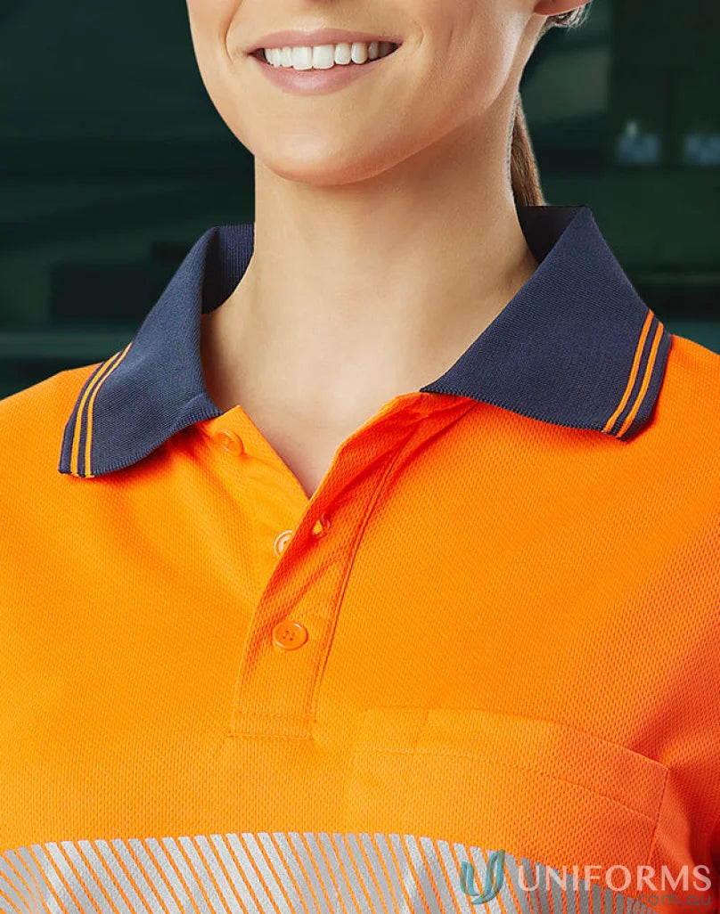 Orange and navy segmented LS Polo shirt showcasing winning spirit and the Spirit SW86 design
