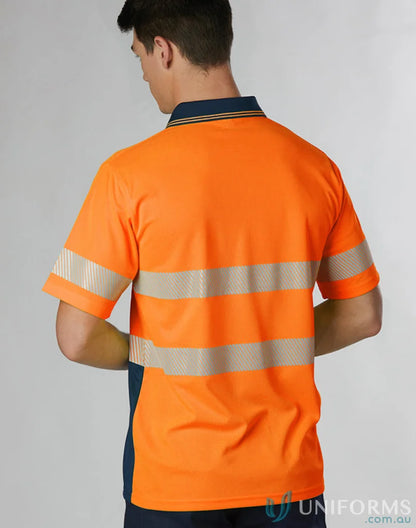 Orange and navy SW85 Unisex cooldry segmented polo shirt with matching colour buttons