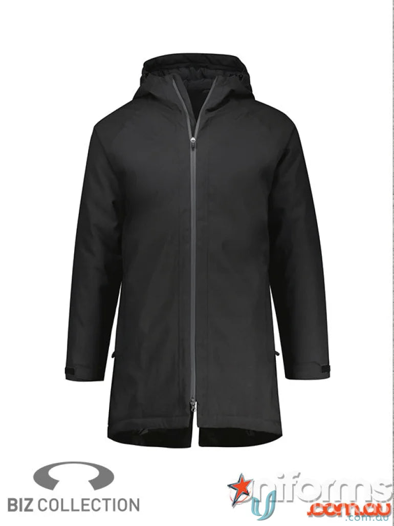 Black hooded raincoat from Unisex Sphere Jacket with waterproof features and recycled polyester lining