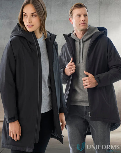 Two people in black hooded unisex sphere jackets with waterproof features and recycled polyester lining