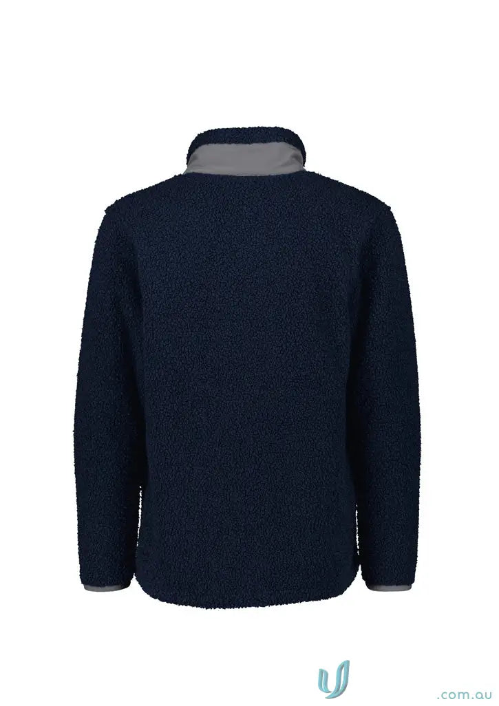 Navy blue zip sherpa fleece jacket with gray collar and cuffs for super warm style