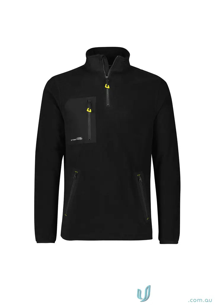 Black men’s zip polar fleece pullover from Streetworx Lightweight with 3 zip pockets