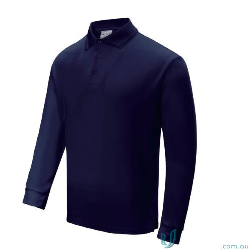 Dark blue Unisex Sunsmart LS Polo shirt with ribbed collar and three-button placket