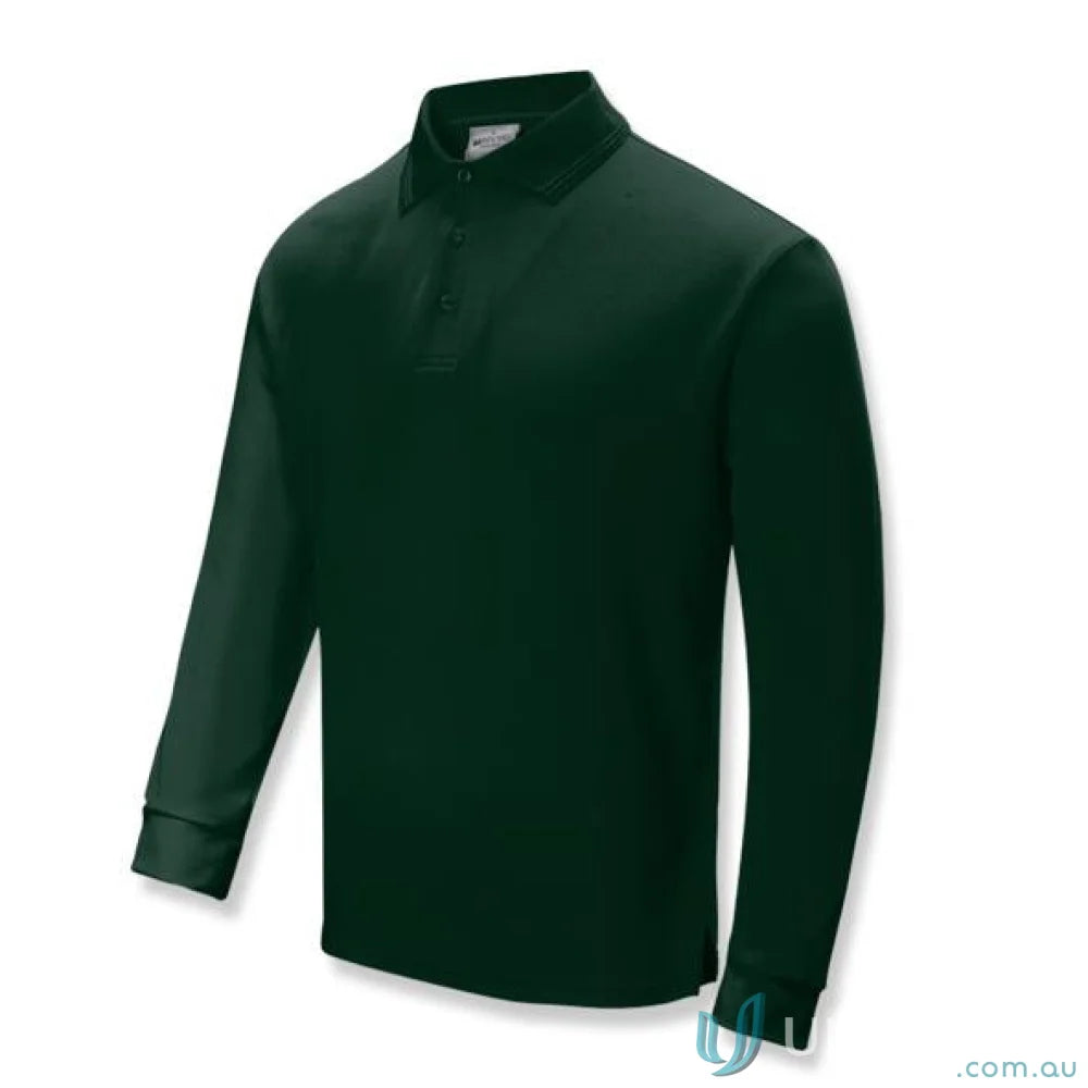 Dark green Unisex SunSmart LS Polo with three-button placket and ribbed cuffs