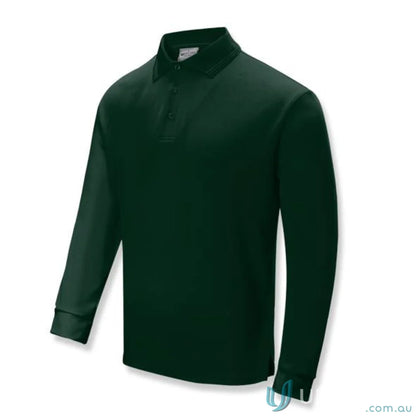 Dark green Unisex SunSmart LS Polo with three-button placket and ribbed cuffs