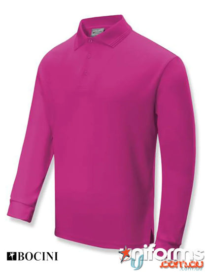 Unisex Sunsmart LS Polo in fuchsia with ribbed collar and cuffs, perfect for uniforms