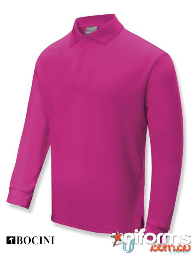 Unisex Sunsmart LS Polo in fuchsia with ribbed collar and cuffs, perfect for uniforms