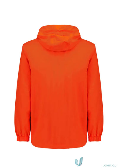 Orange hooded packable rain jacket from Unisex Super Light Packable Rain Jacket line, ultra-light zj260