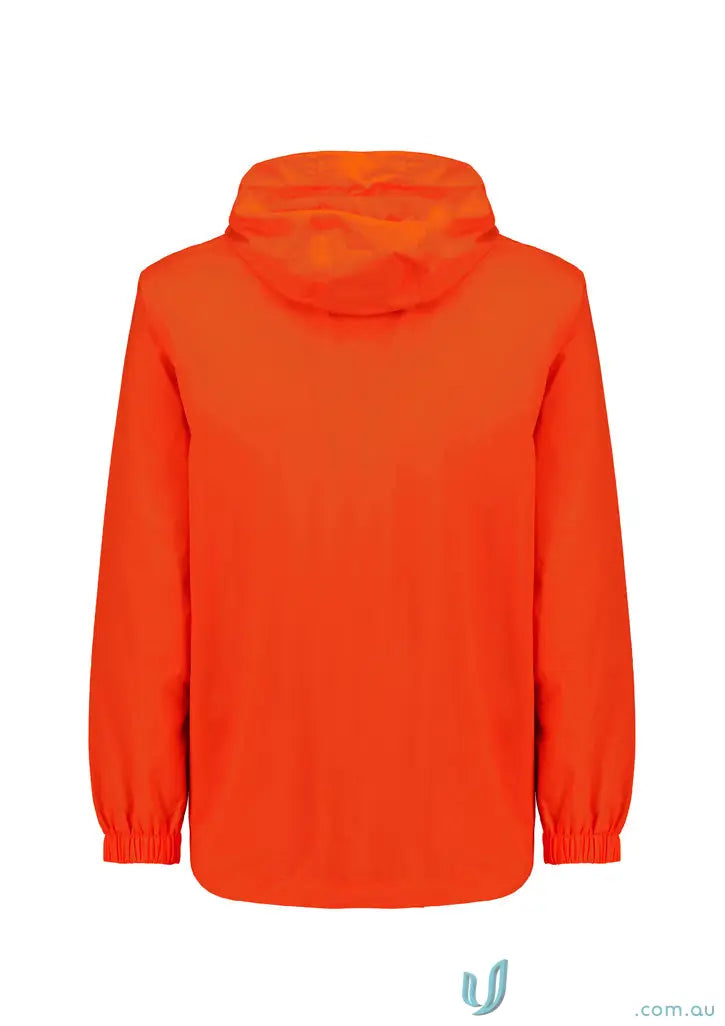 Orange hooded packable rain jacket from Unisex Super Light Packable Rain Jacket line, ultra-light zj260