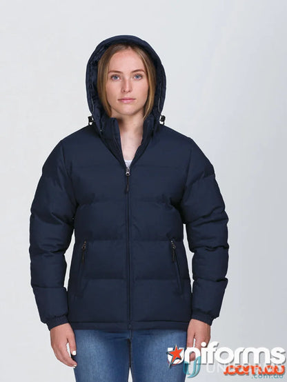 Navy blue terrain puffa jacket with waterproof rating to stay dry in any weather