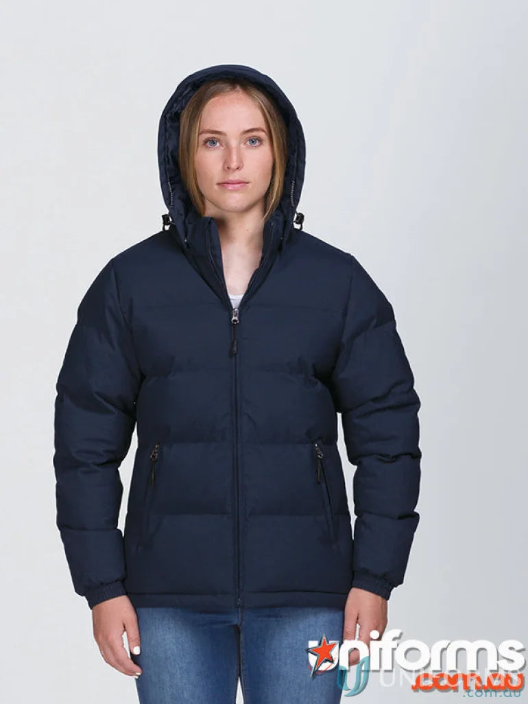 Navy blue terrain puffa jacket with waterproof rating to stay dry in any weather