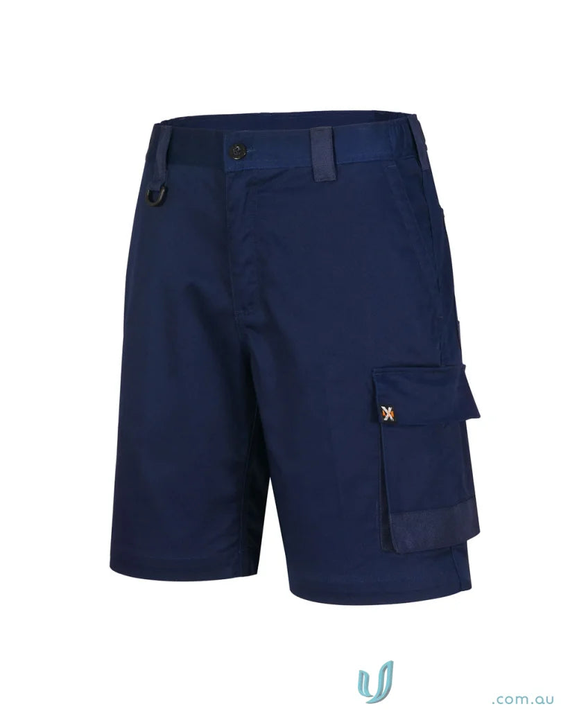 Navy blue cargo work shorts made from stretch drill fabric in utility stretch cargo style