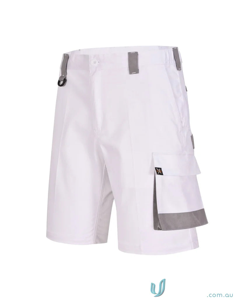White work shorts with gray accents made from stretch drill fabric, perfect for utility stretch cargo needs