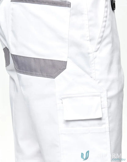 White work pants with pockets in Unisex Utility Stretch Cargo Work Shorts on stretch drill fabric