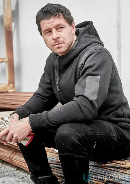 Man in black hooded jacket from Unisex Zip Front Multi Pocket Hoodie for hardworking heroes
