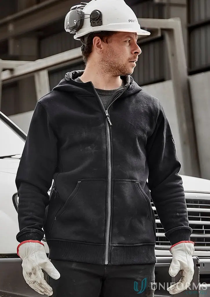 Black hooded work jacket from the unisex zip front multi pocket hoodie collection for hardworking heroes
