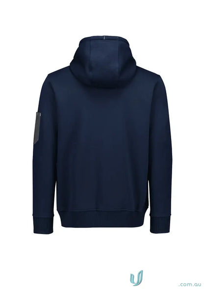 Navy blue hoodie with multiple pockets designed for hardworking heroes and stress points