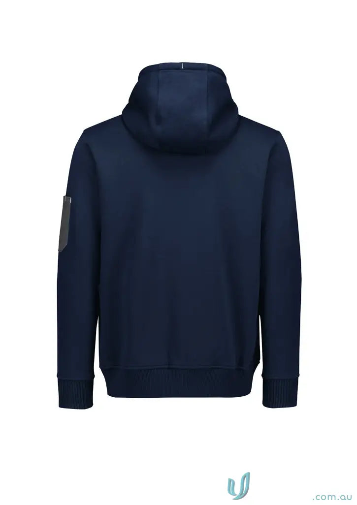 Navy blue hoodie with multiple pockets designed for hardworking heroes and stress points