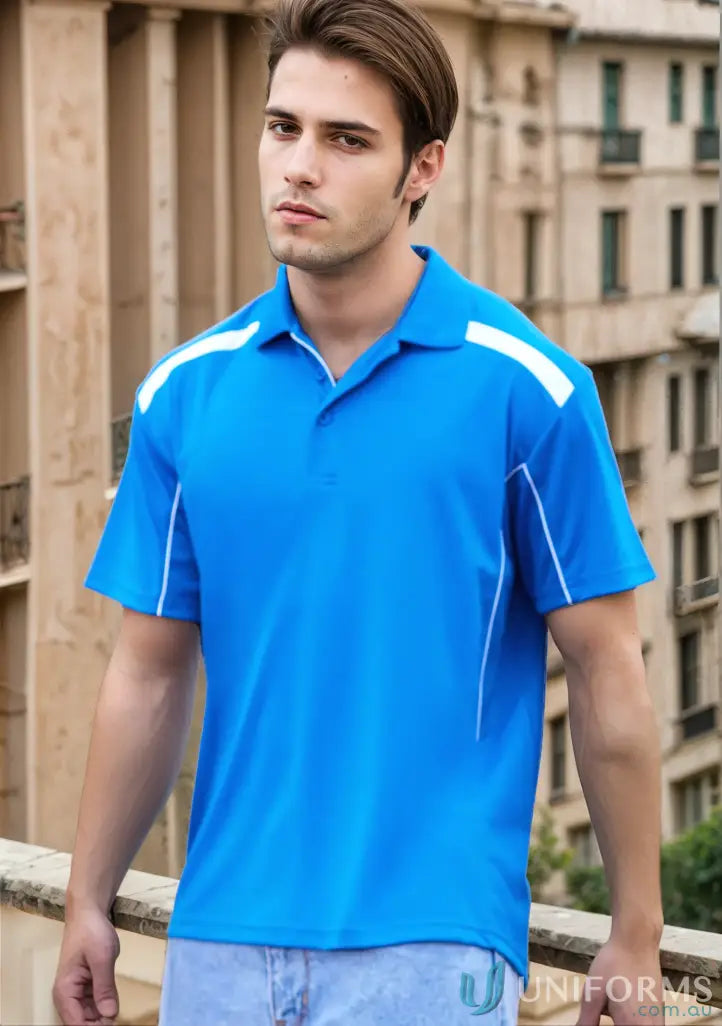Blue and white polo shirt from United Polo collection, modern fit for biz style