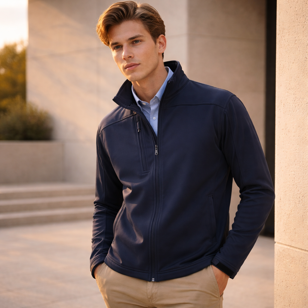 Biz collection mens navy blue zip-up softshell jacket j3880 in Biz tech fabric