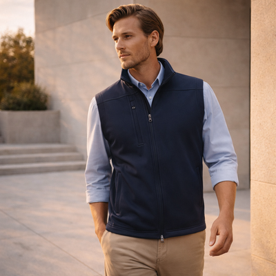 Navy blue zip-front UTech SoftShell Vest, mens softshell vest to stay warm