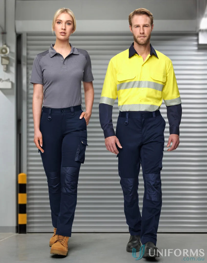 Two people showing off Utility Stretch Cargo Work Pants and shirts in action