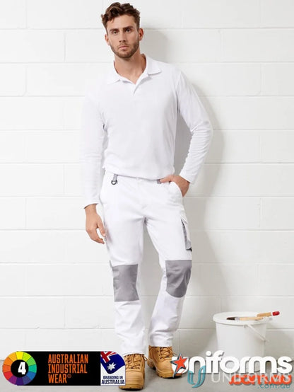 Men’s white long-sleeve polo and utility stretch cargo work pants with grey knee pads