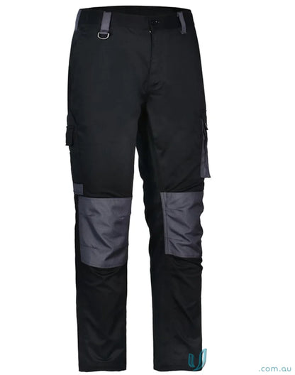 Black utility stretch cargo work pants with grey knee pads and multiple pockets