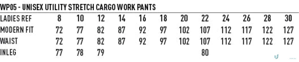 Sizing chart for Utility Stretch Cargo Work Pants showing Ladies sizes, fit, waist, and Inleg measurements