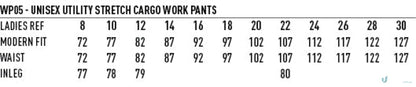 Sizing chart for Utility Stretch Cargo Work Pants showing Ladies sizes, fit, waist, and Inleg measurements