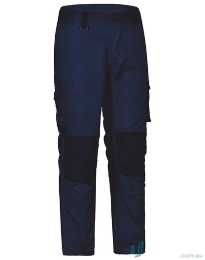 Dark blue utility stretch cargo work pants with reinforced knees and pockets