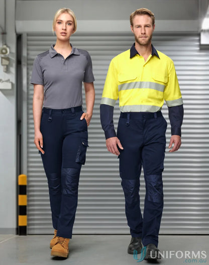 Two people wearing durable Utility Stretch Cargo Work Pants and shirts for tough jobs
