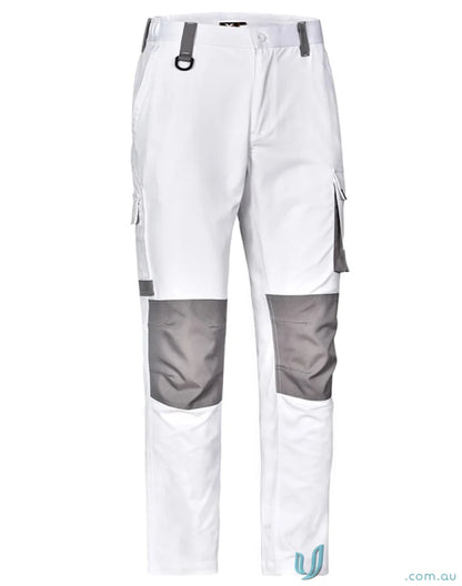 White utility stretch cargo work pants with grey knee pads and utility pockets