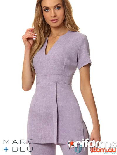 Lavender V-neck tunic in Santiago linen-look fabric with empire-line waist by Marc Blu