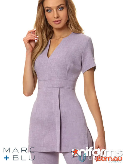 Lavender V-neck tunic in Santiago linen-look fabric with empire-line waist by Marc Blu