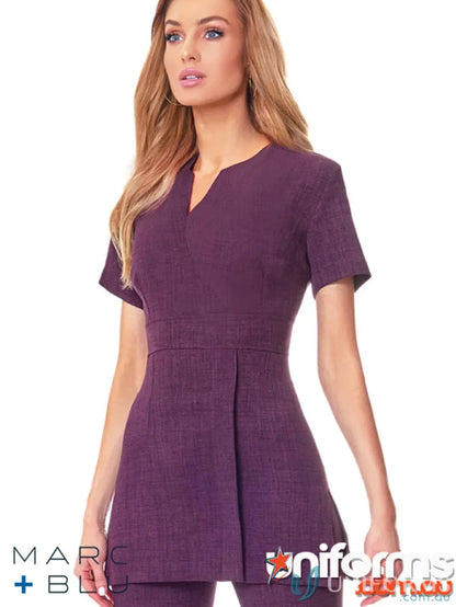 Purple textured tunic top in Santiago linen-look fabric with empire-line waist by Marc Blu